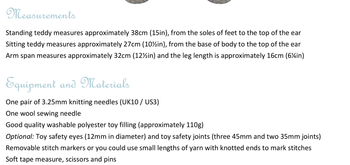 Classic Teddy Bear Gift Knitting Pattern — Materials & finished size