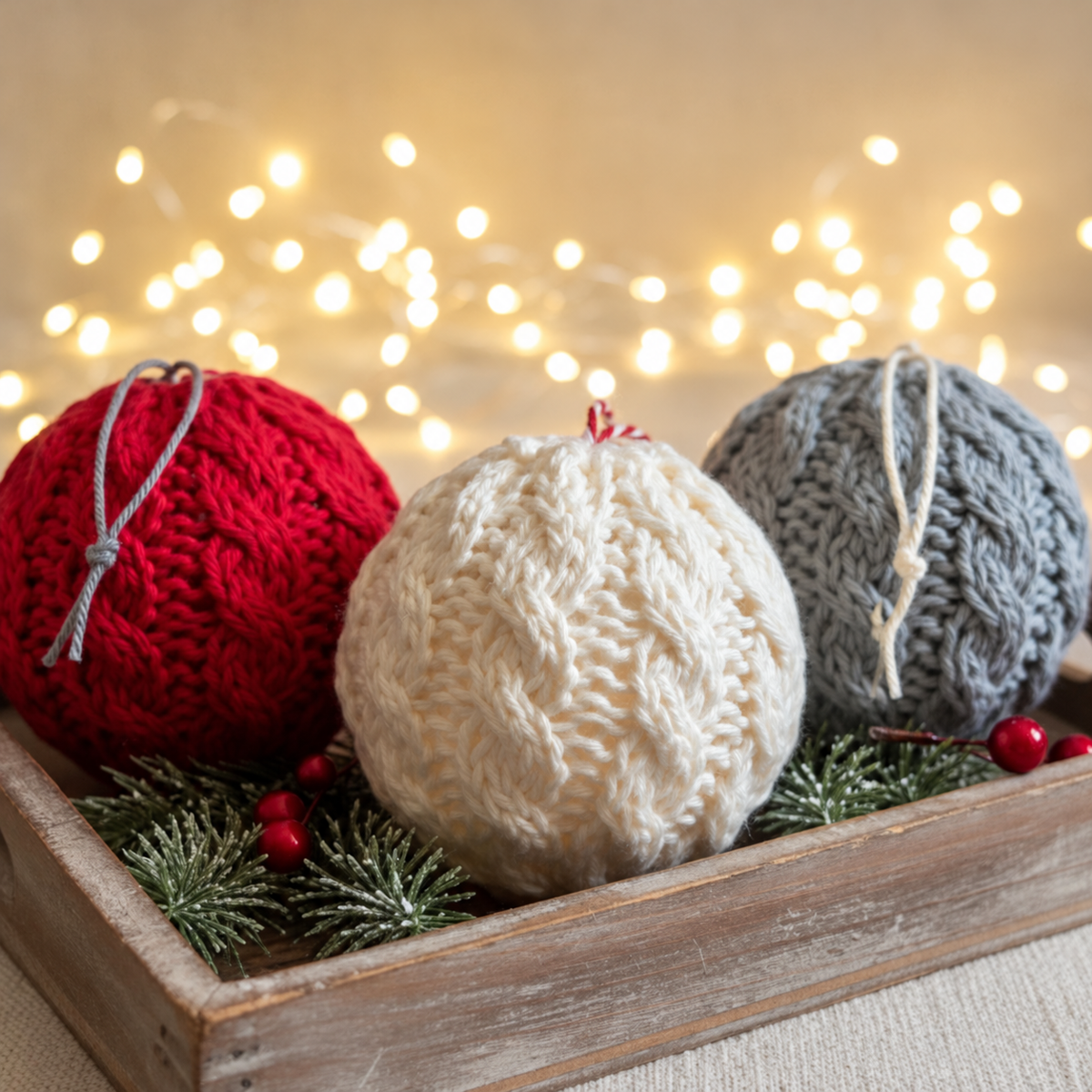 Twisty Cable Tree Ball knitted Christmas ornaments