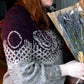 Moon Moth sweater worn, showing sleeve and moth colorwork