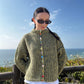 Rainbow Button Stripe Cardigan worn, showing fit and button details