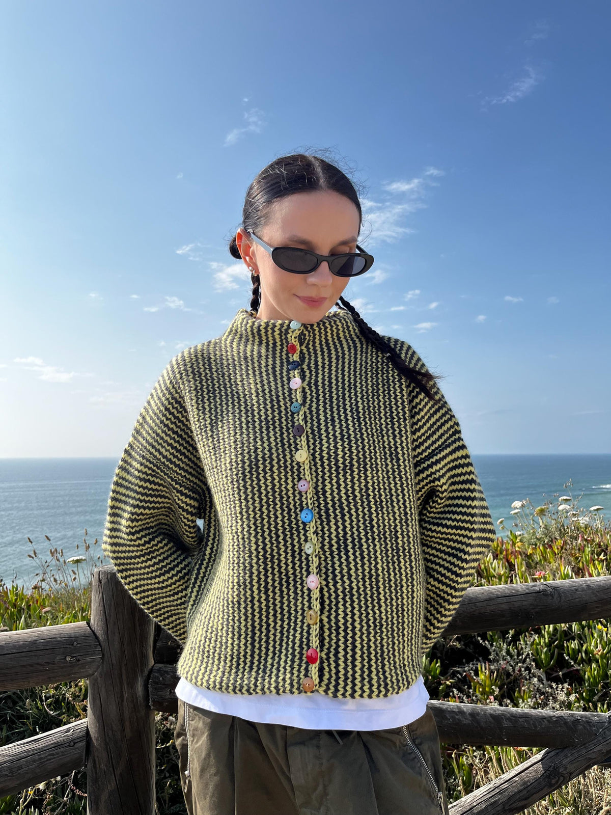 Rainbow Button Stripe Cardigan worn, showing fit and button details