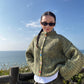 Rainbow Button Stripe Cardigan worn, showing fit and button details