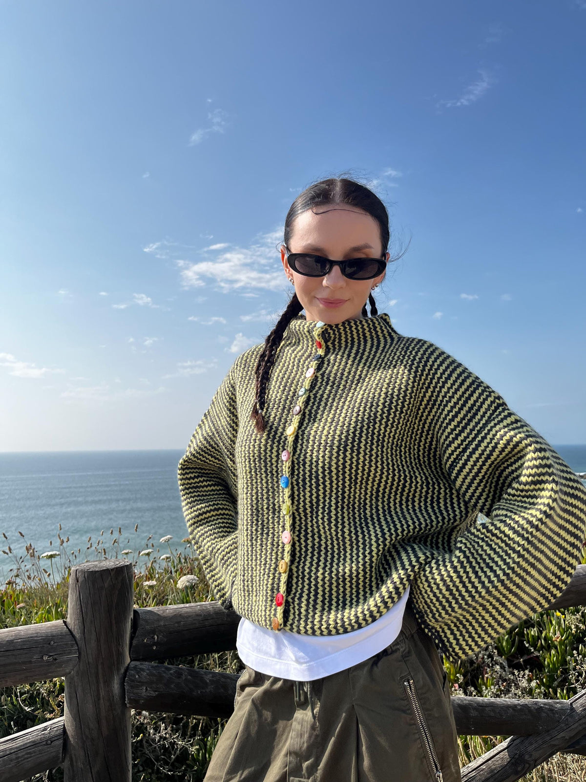 Rainbow Button Stripe Cardigan worn, showing fit and button details