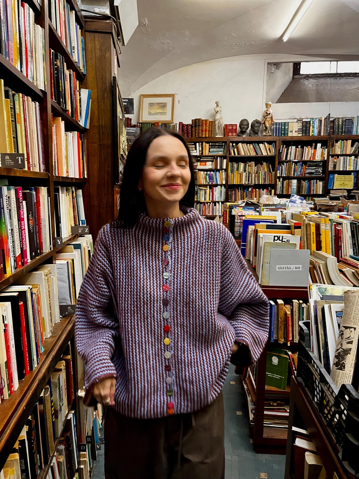 Rainbow Button Stripe Cardigan worn, showing fit and button details