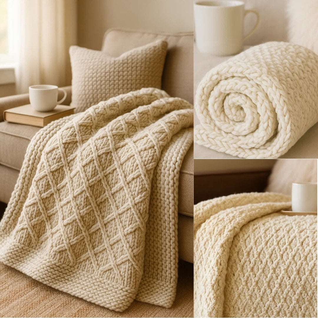Quilted-Look Chunky Blanket Knitting Pattern