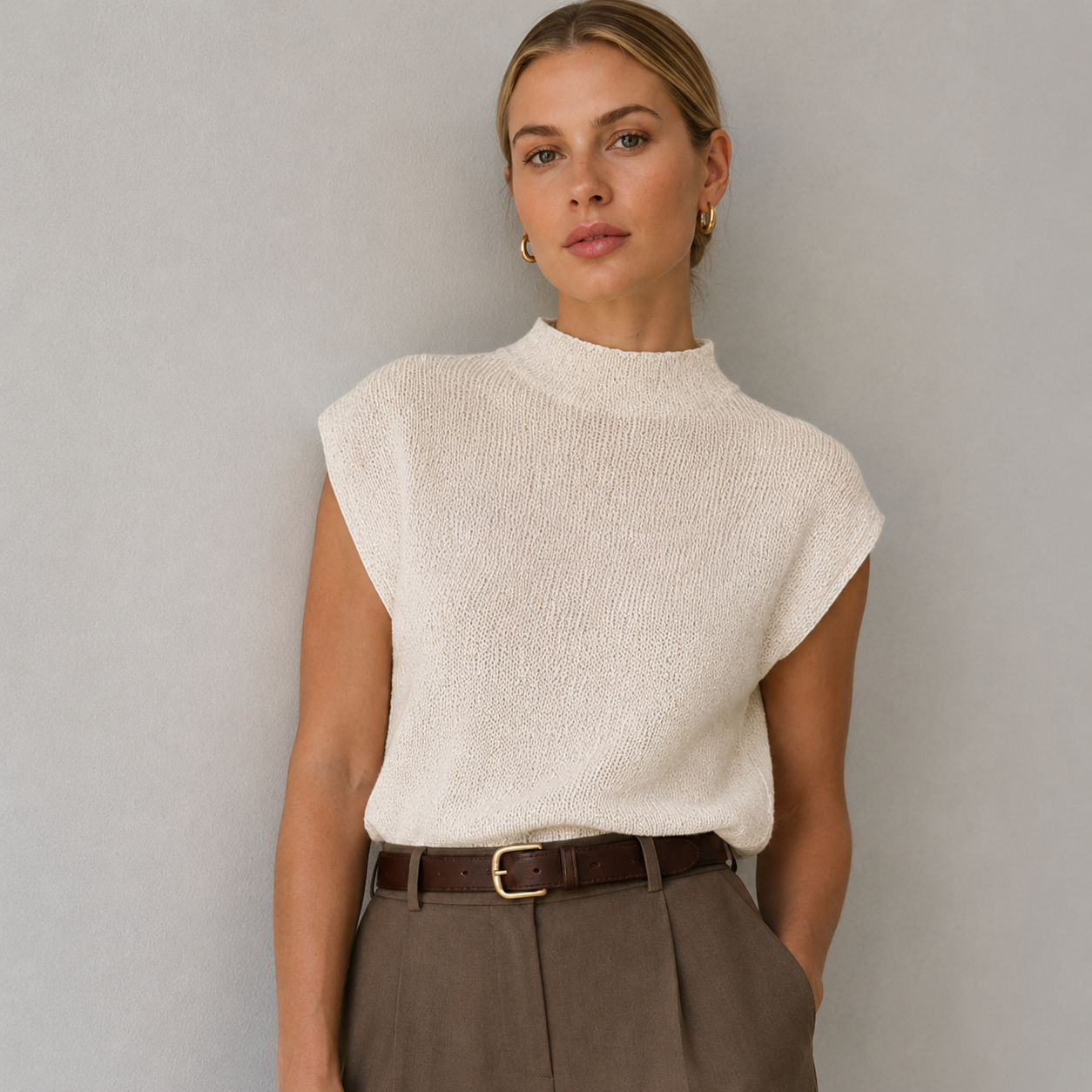 Simple High-Collar Sleeveless Knit Pattern