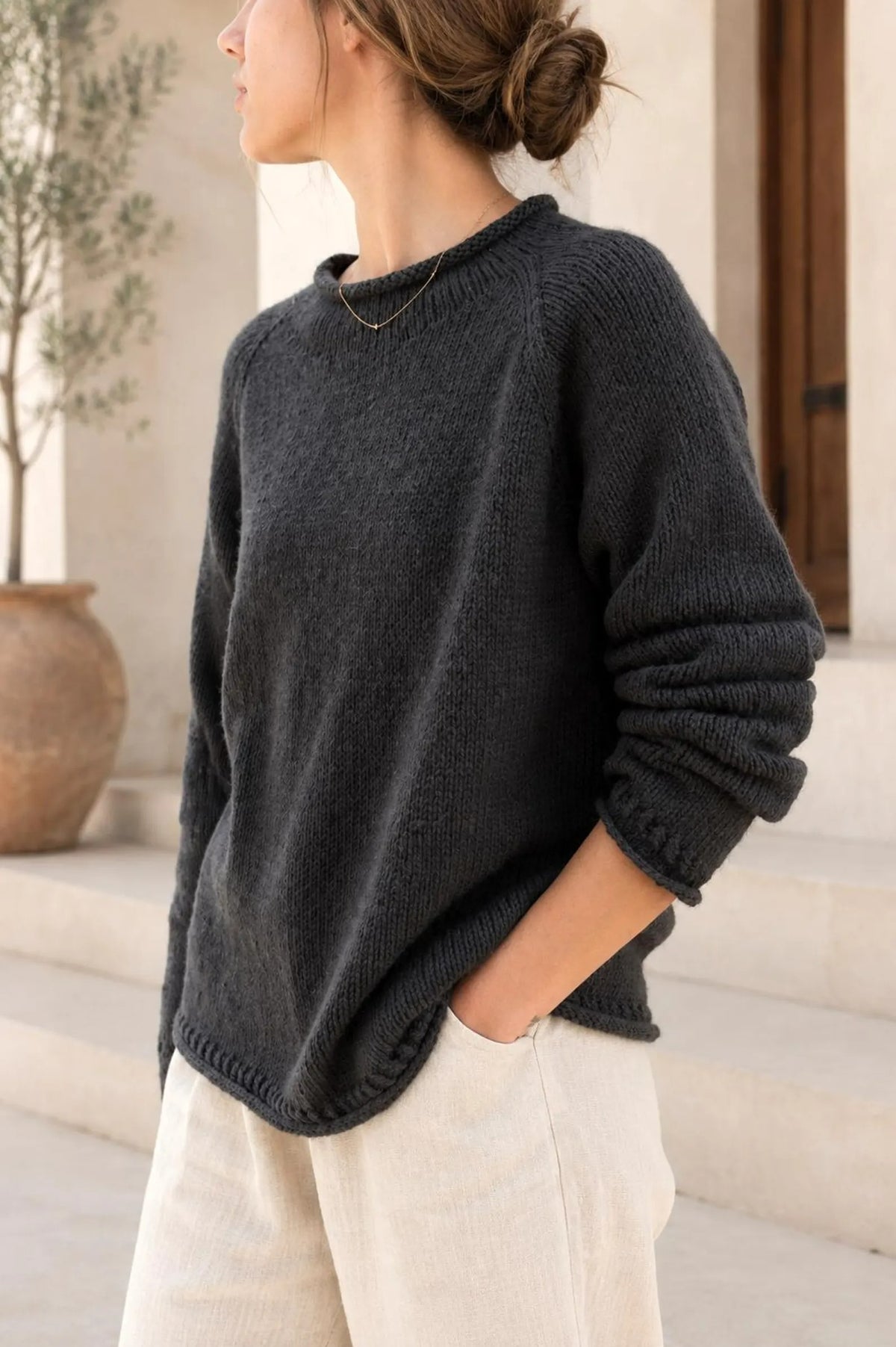 Easy Funnel Neck Raglan Pullover Knitting Pattern