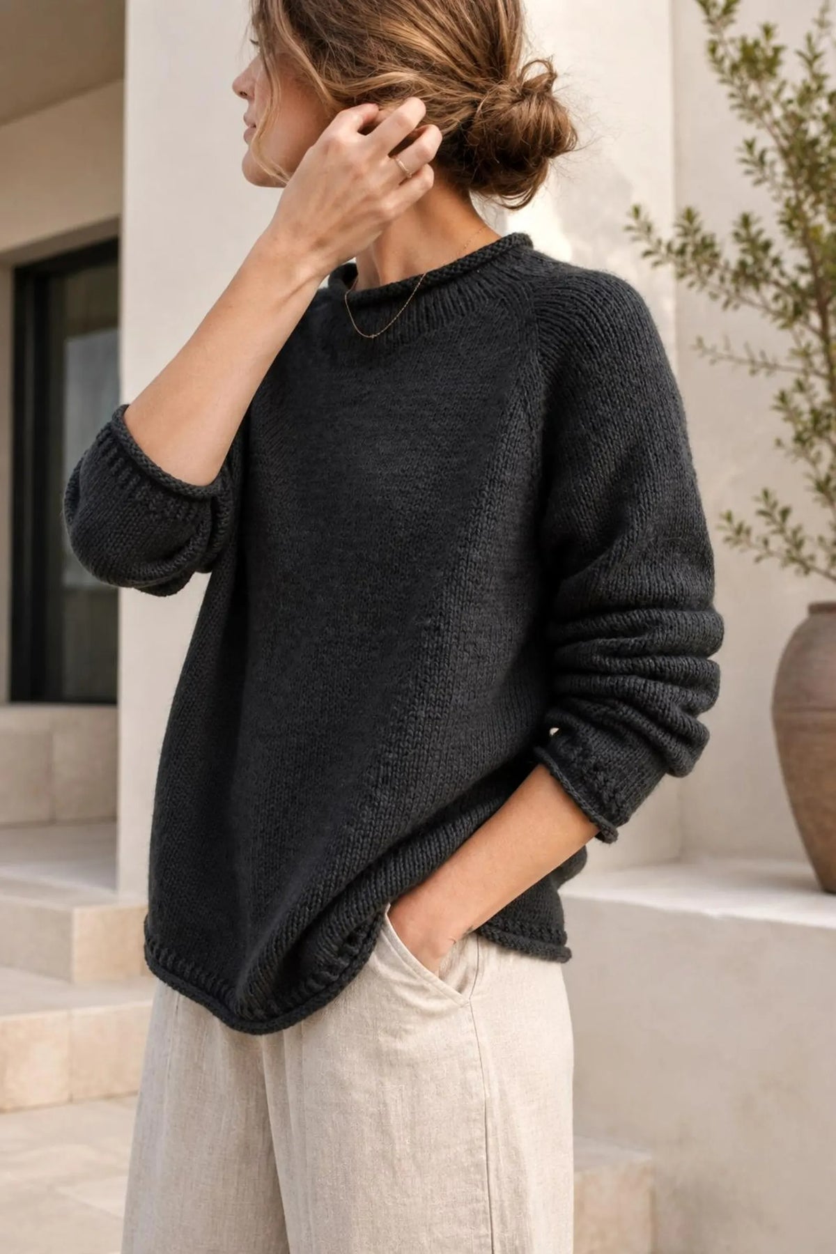 Easy Funnel Neck Raglan Pullover Knitting Pattern