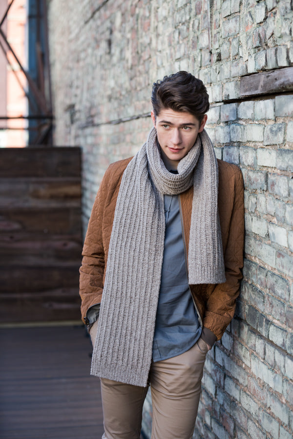 Simple Ribbed Scarf for Him in grey, worn long over a jacket
