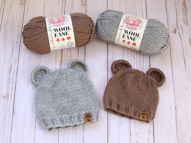 Teddy Bear Ears Family Hat knitting pattern in grey and brown