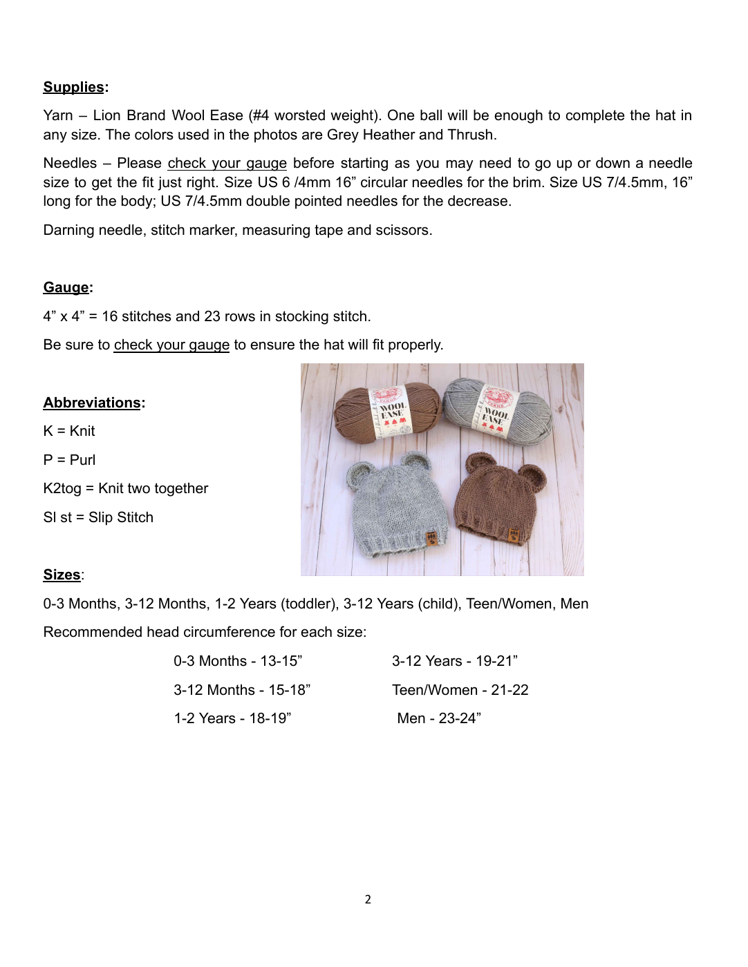 Preview of materials, gauge and six sizes in the pattern PDF
