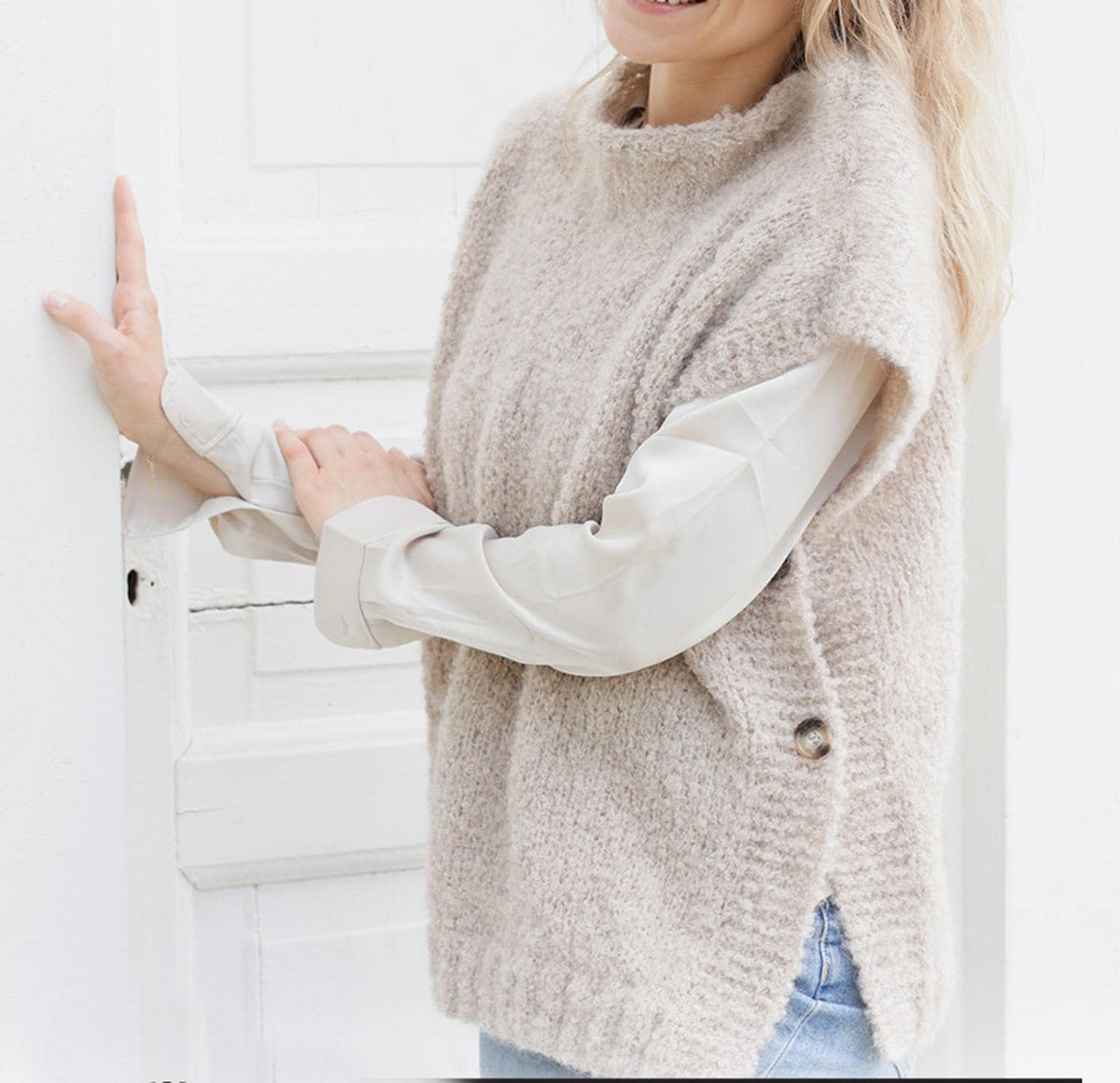 Easy Side Button Tabard Vest, front view of the sleeveless knitted vest.