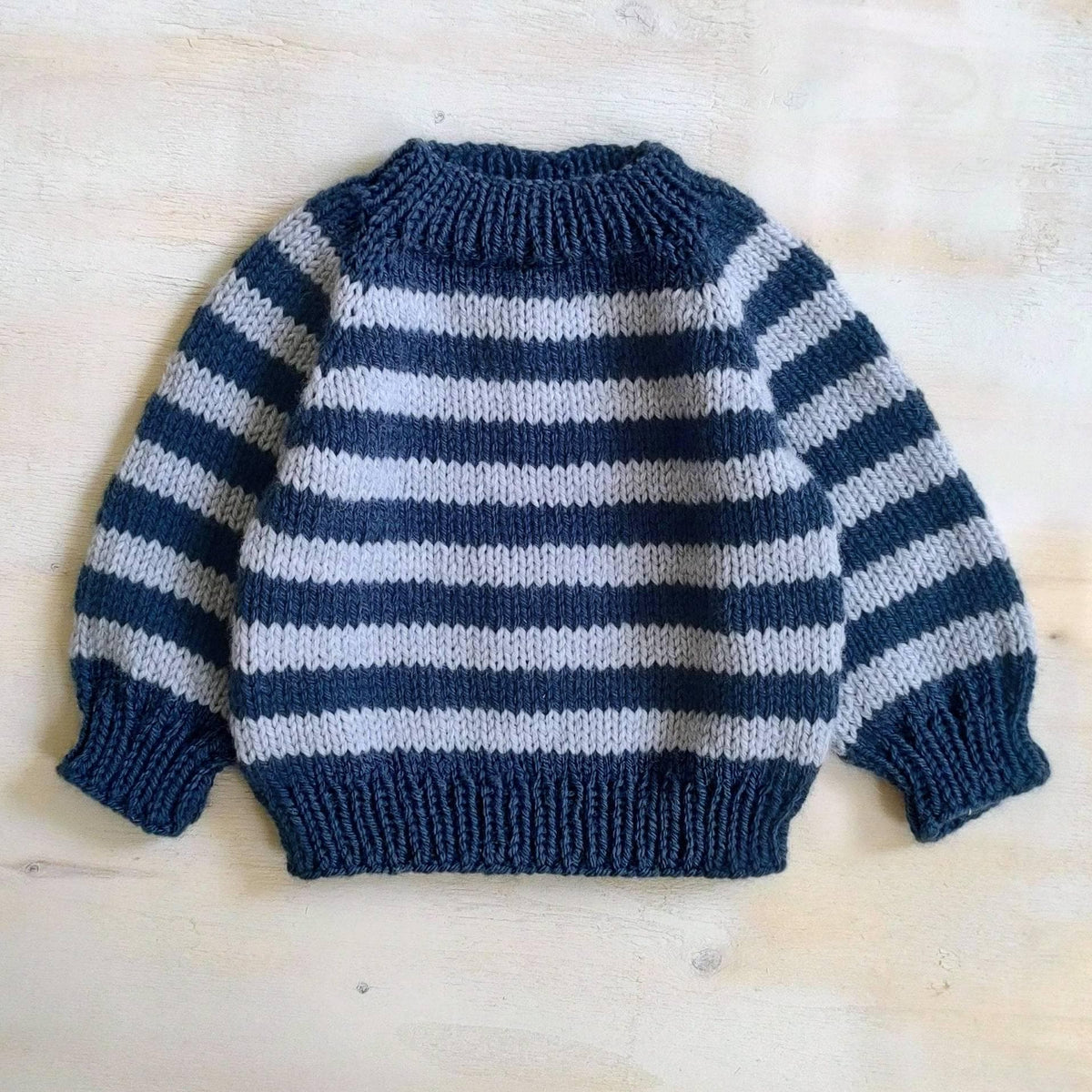 Sailor Stripe Baby Sweater — navy and grey front
