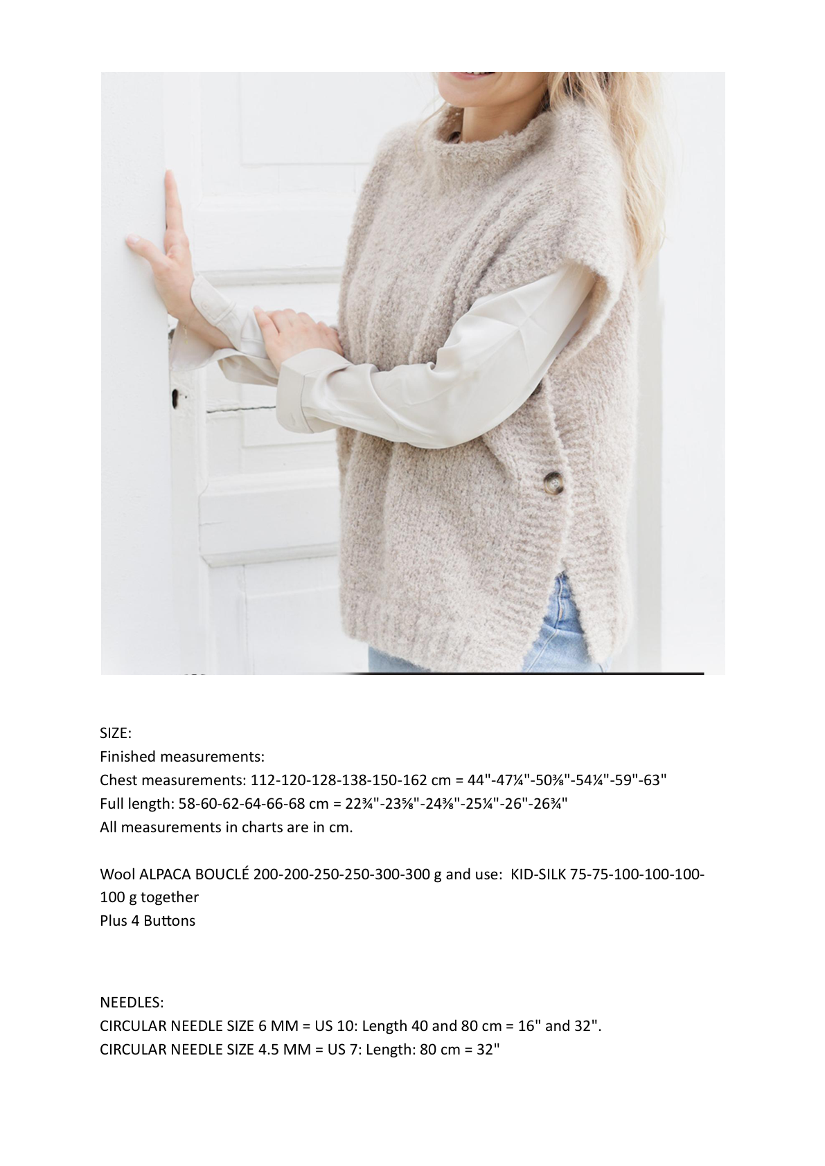 Easy Side Button Tabard Vest Knitting Pattern — Size & materials sample — PDF preview