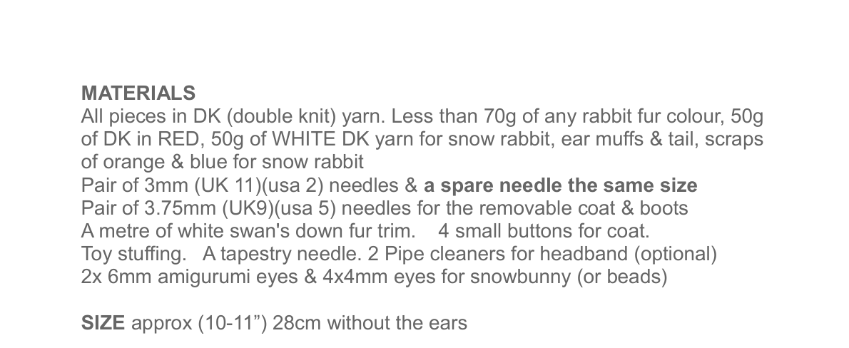 Snow Bunny Tree Friend Knitting Pattern — Materials & size sample — PDF preview