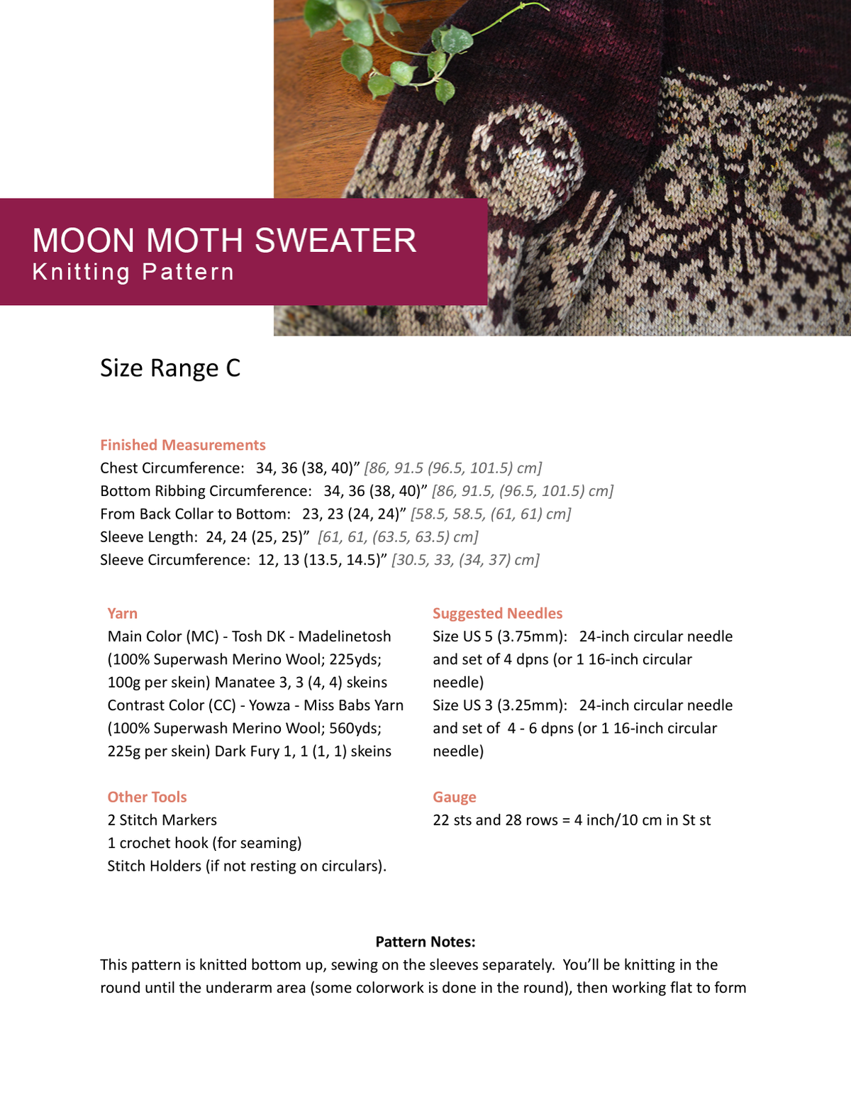 Moon Moth Night Sky Sweater Knitting Pattern — Measurements & materials sample — PDF preview