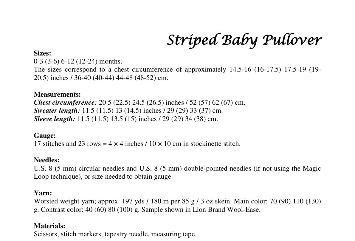 Sailor Stripe Baby Sweater Knitting Pattern — Sizes, yarn & gauge sample — PDF preview