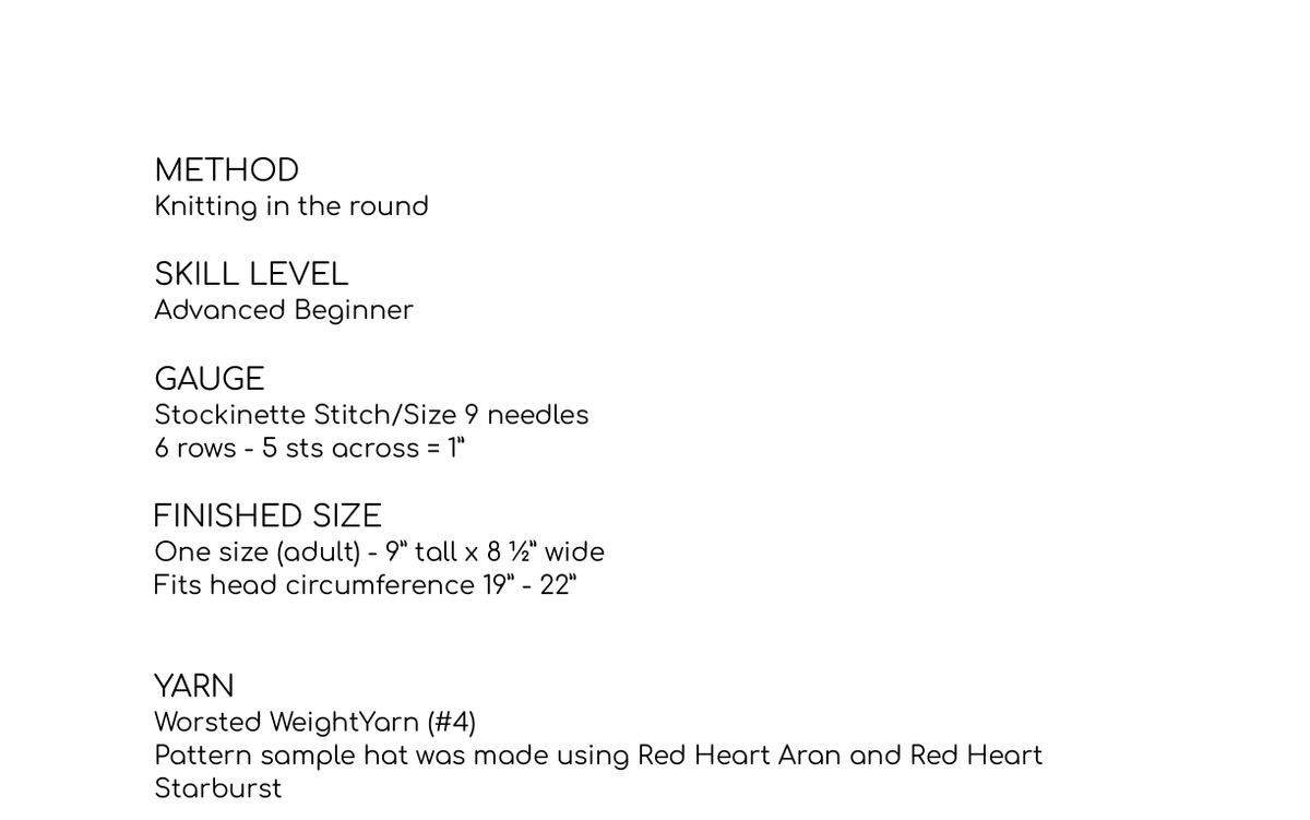 Weaver Warm Beanie Knitting Pattern — Size, skill & yarn sample — PDF preview