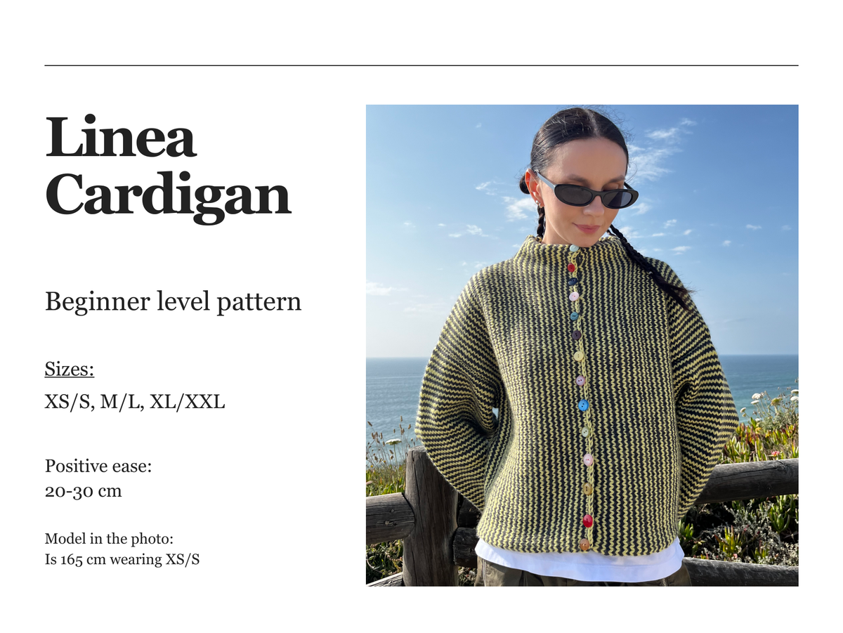 Rainbow Button Stripe Cardigan Knitting Pattern — Sizes & fit sample — PDF preview
