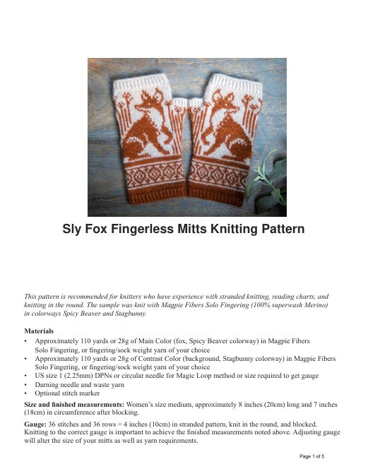 Sly Fox Fingerless Mitts Knitting Pattern — pattern PDF preview: materials and sizing
