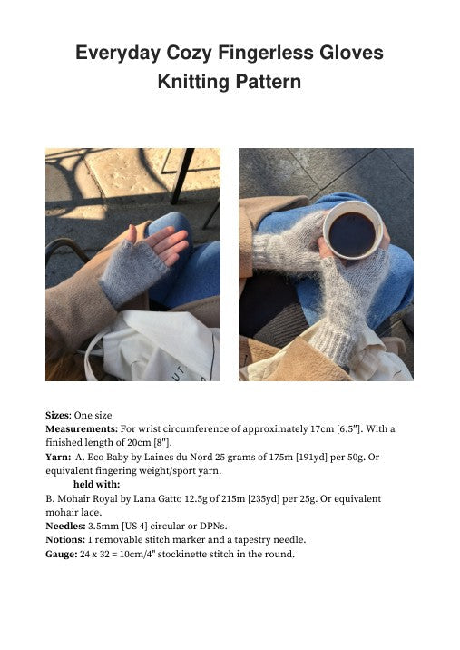 Everyday Cozy Fingerless Gloves Knitting Pattern — pattern PDF preview: materials and sizing