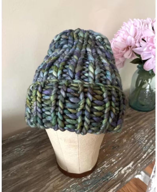Super Chunky Ribbed Beanie in blue and green yarn